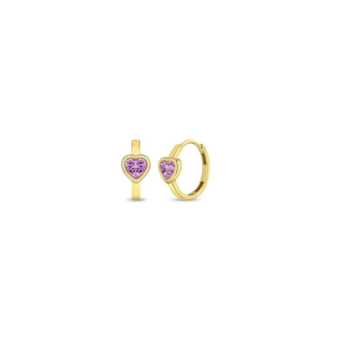 Pink Heart Little Girl's Hoops in 18k Gold