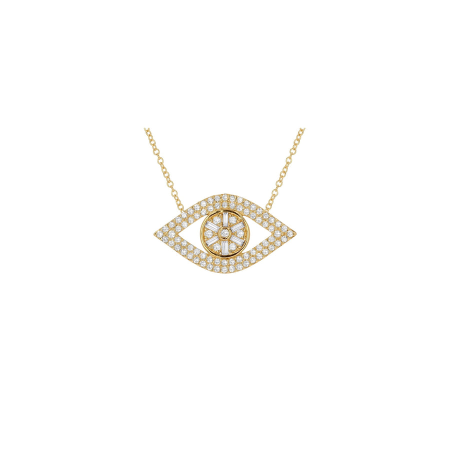 A gold-tone evil eye pendant necklace adorned with pavé-set clear stones, suspended from a delicate gold chain against a solid white background.