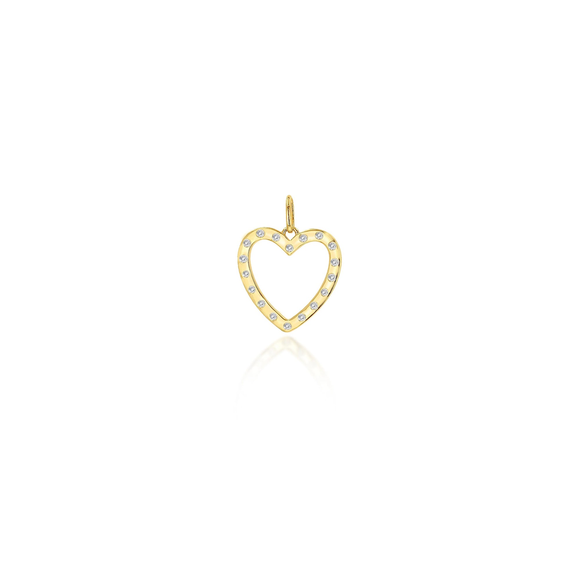 A small gold heart-shaped pendant charm with a loop at the top, decorated with tiny clear stones along the outline, centered on a white background with a faint reflection below.
