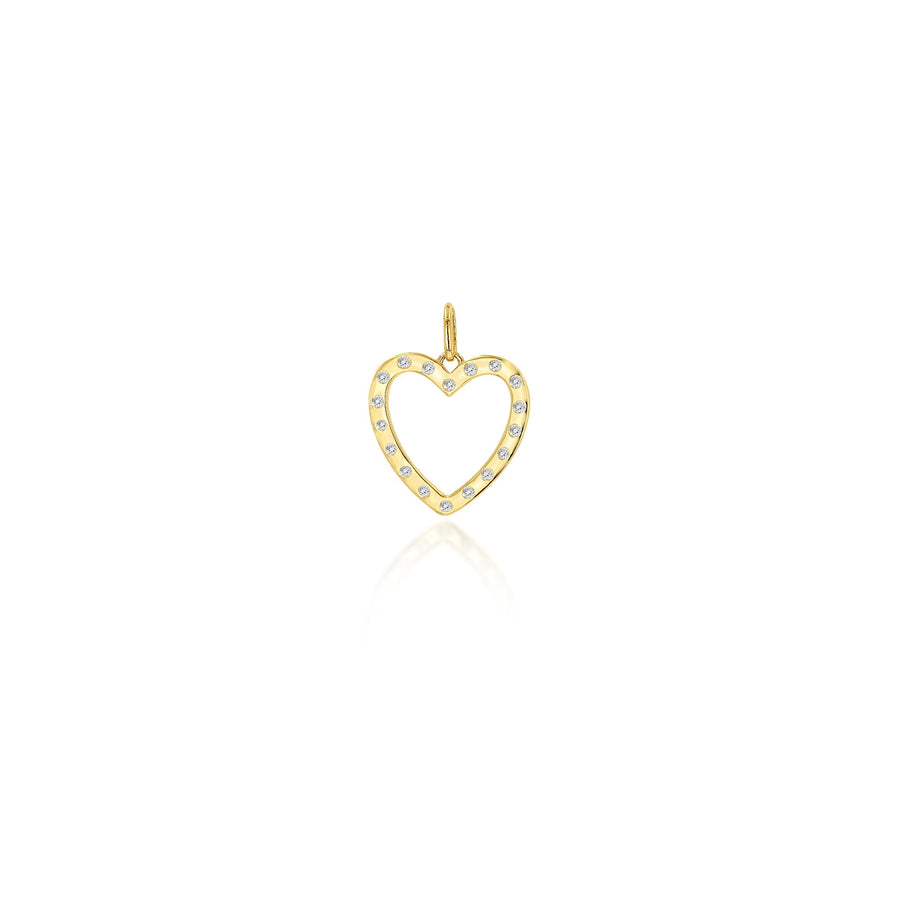 A small gold heart-shaped pendant charm with a loop at the top, decorated with tiny clear stones along the outline, centered on a white background with a faint reflection below.