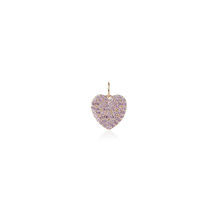 A small heart-shaped pendant covered in pave-set light pink stones with a gold-tone bail, centered on a plain white background.