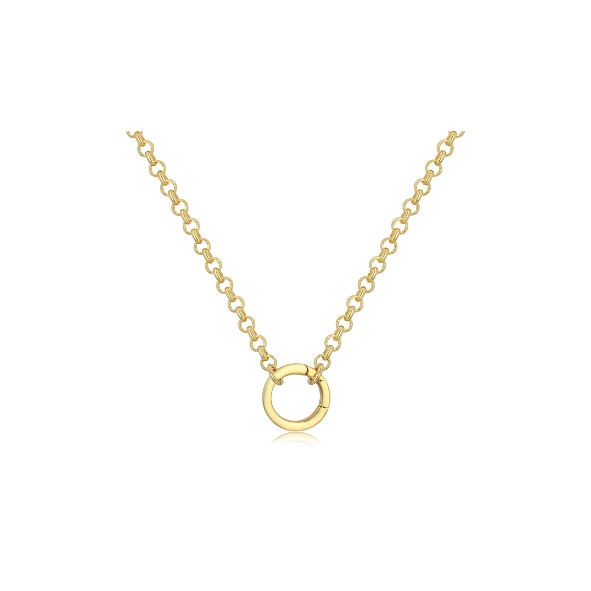 A delicate yellow gold chain necklace featuring a small, polished open circle pendant, displayed against a solid white background.