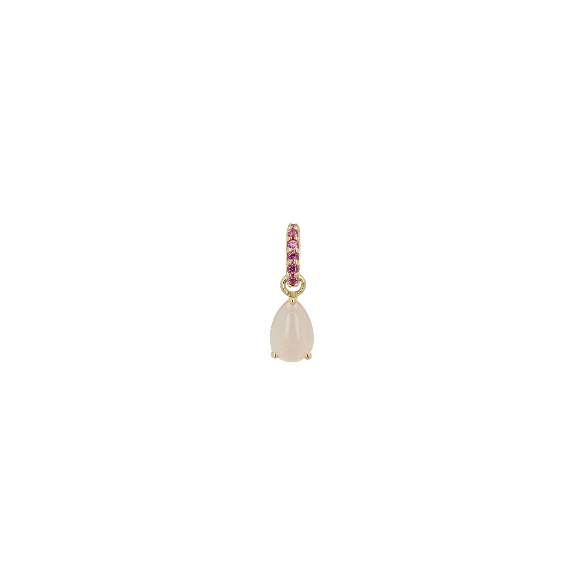 A delicate gold pendant charm featuring a teardrop-shaped pale pink stone and a top bar set with small pink gemstones, centered on a solid white background.