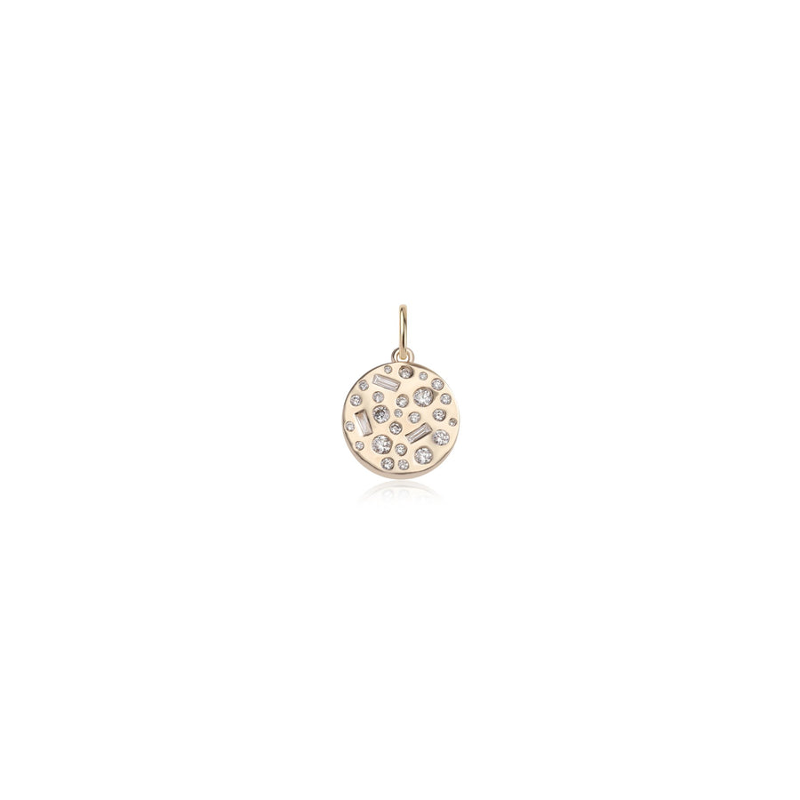 A round gold pendant charm featuring a textured, pitted surface adorned with small clear stones, shown on a plain white background.