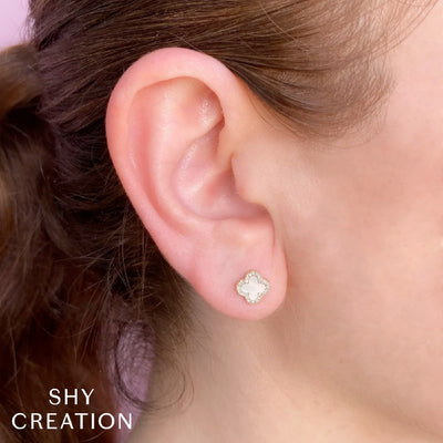 Shy Creation Mother of Pearl and Diamond Clover Earrings