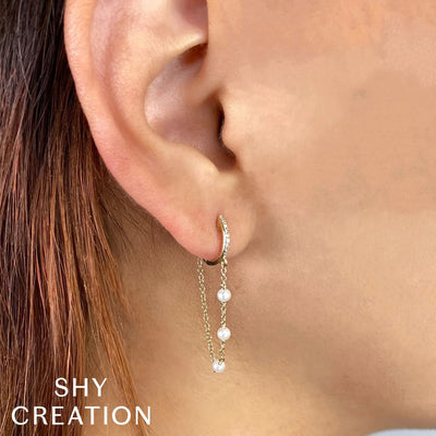 Shy Creation Cultured Pearl Chain Huggie Hoops