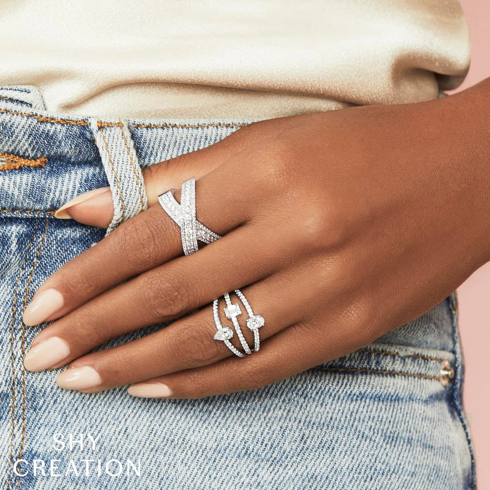 Shy Creation Diamond Bridge Encrusted Crossover Ring