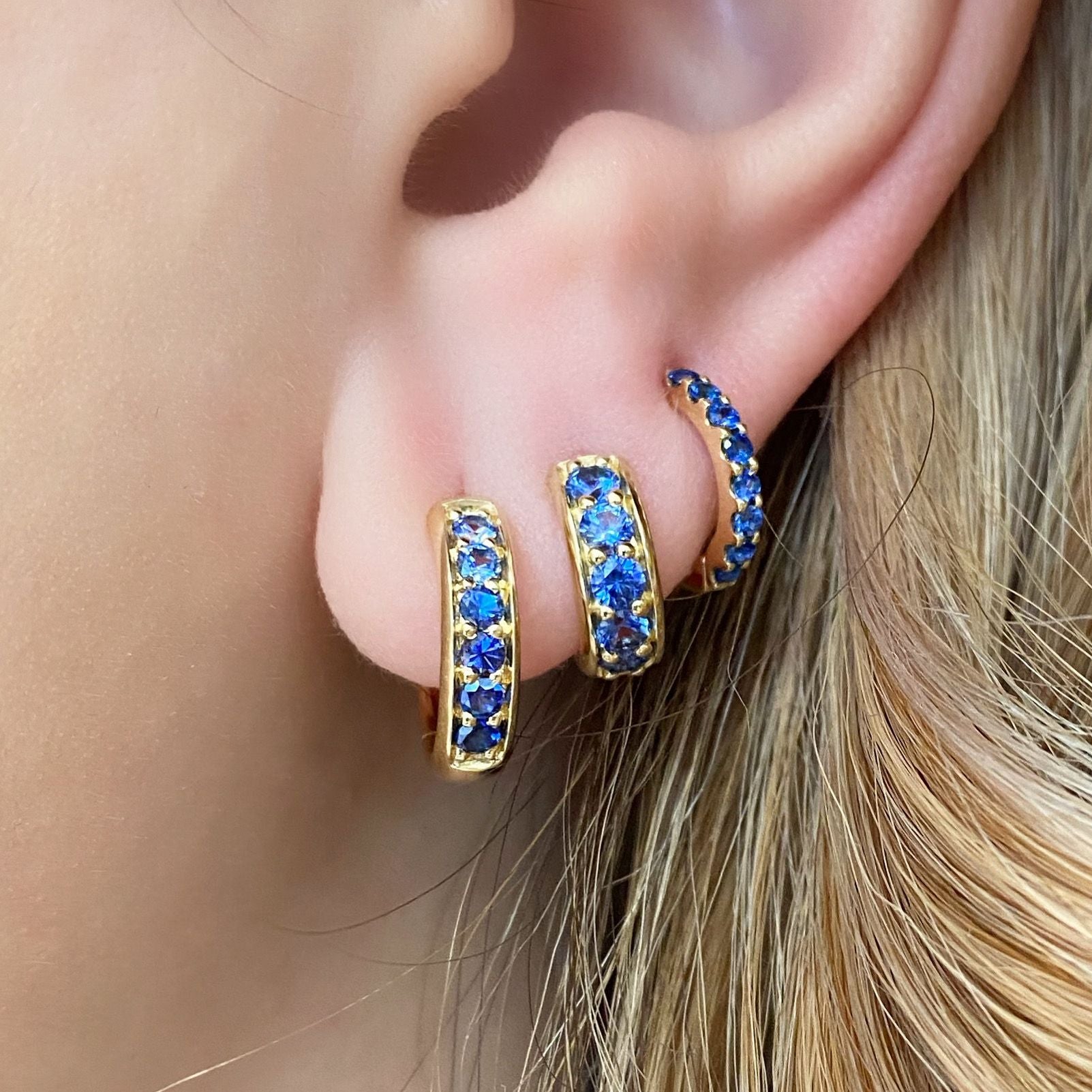 Jane Taylor Slim Huggie Hoop Earring in Blue Sapphire