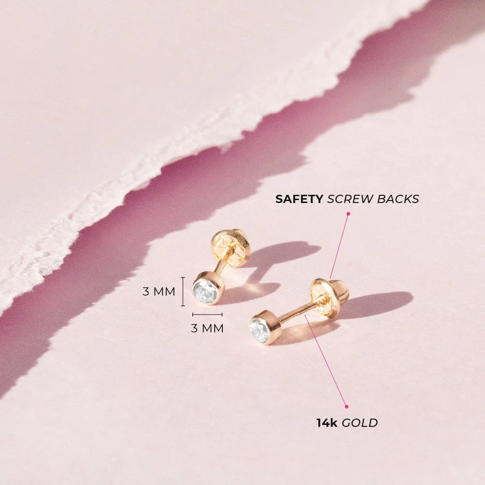 Girls' Tiny Bezel CZ Screw Back 14K Gold Earrings - 4mm - in Season Jewelry