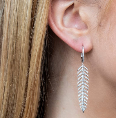 Diamond Feather Dangle Earring in White Gold