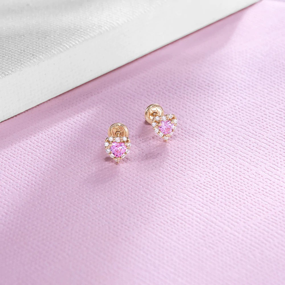 Princess Pink CZ Heart Little Girl's Stud Earrings