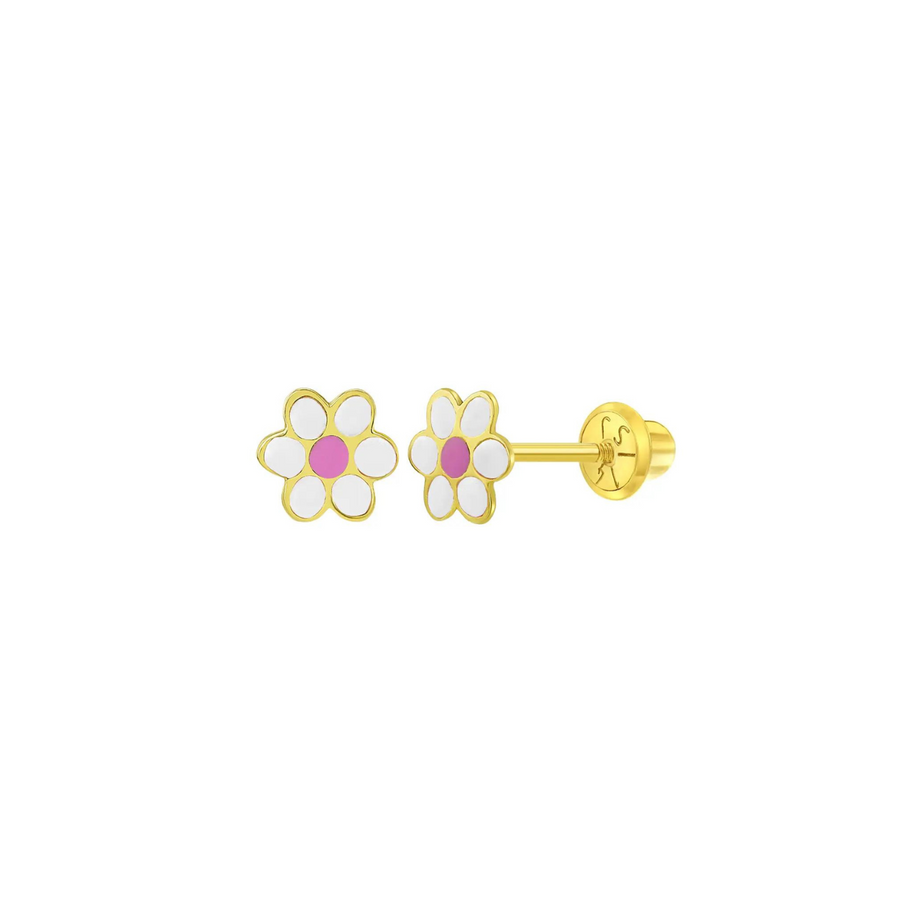 White & Pink Enamel Flower Little Girl's Stud Earrings
